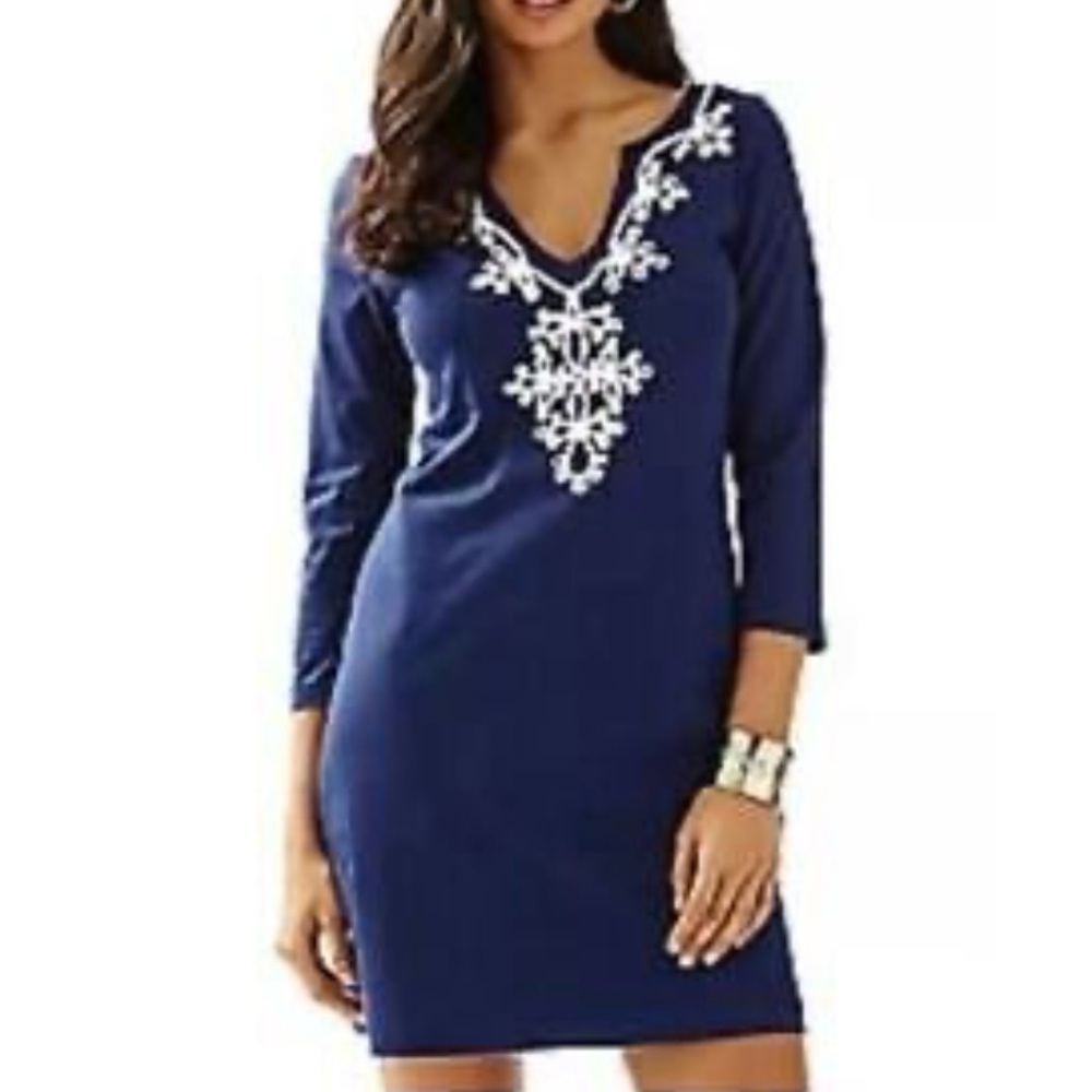 Lilly Pulitzer Navy Blue Mini Dress with White Embroidered V-Neck